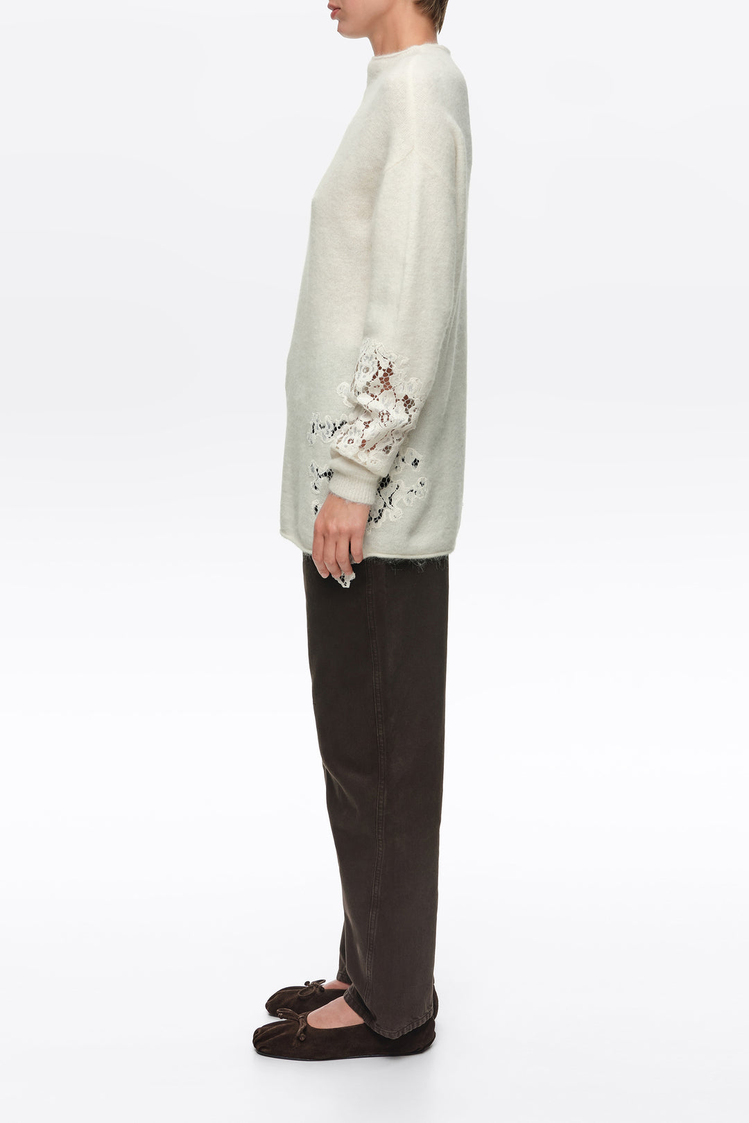 Ivory alpaca high neck sweater with lace detailing