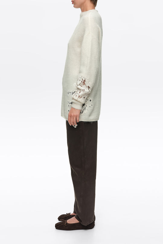 Ivory alpaca high neck sweater with lace detailing