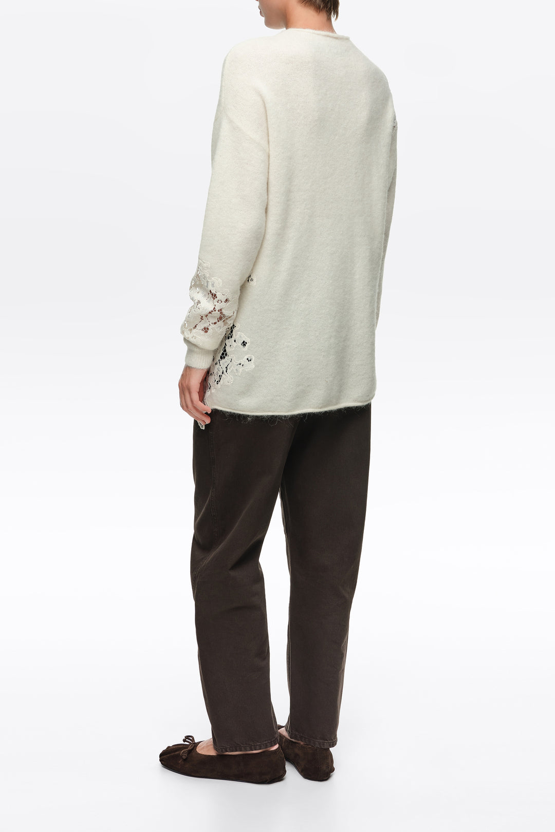Ivory alpaca high neck sweater with lace detailing