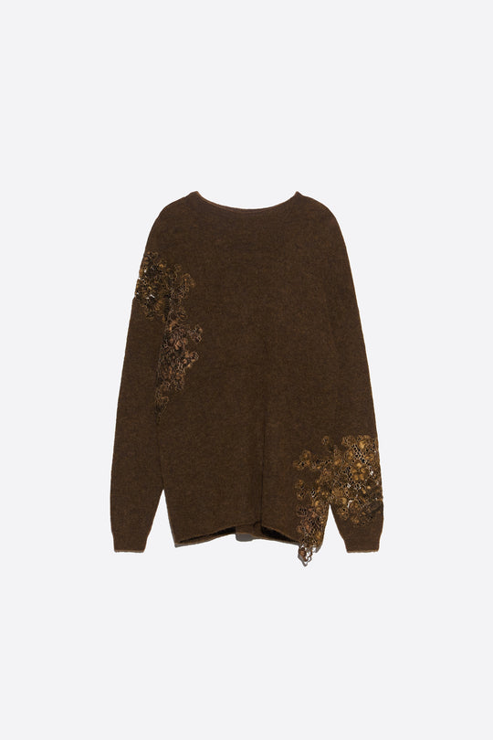 Olive alpaca high neck sweater with lace detailing
