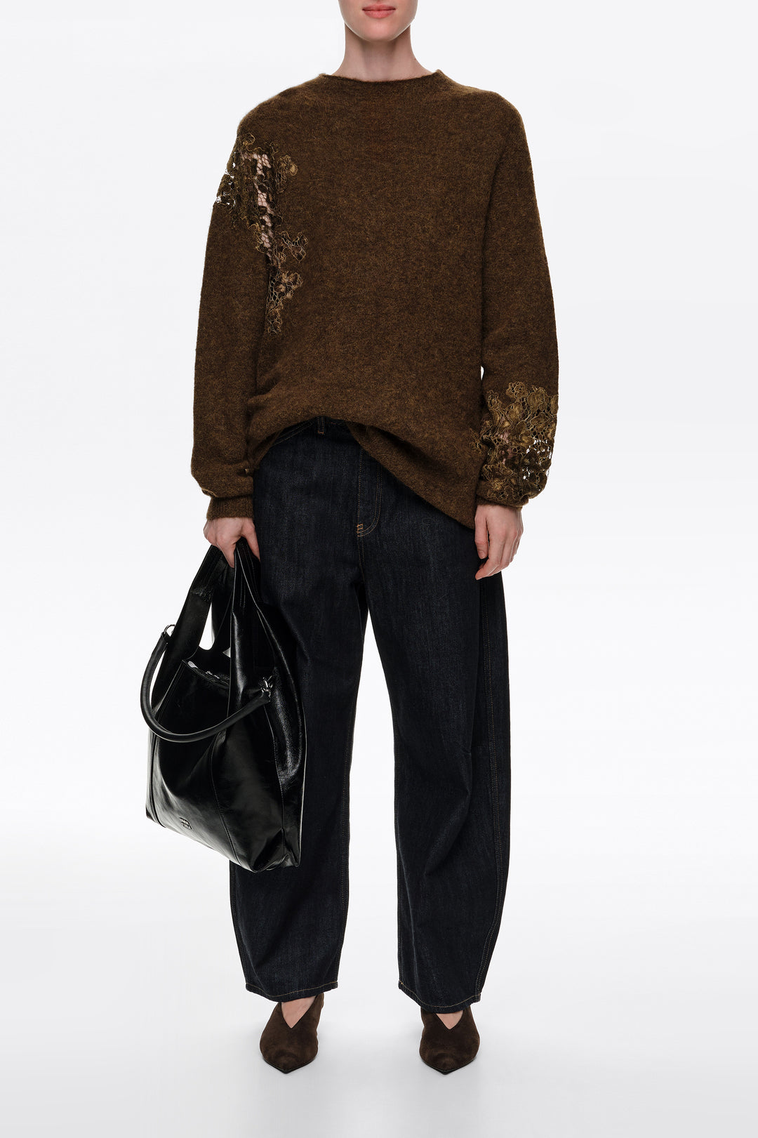 Olive alpaca high neck sweater with lace detailing