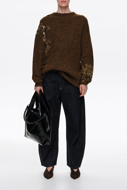 Olive alpaca high neck sweater with lace detailing