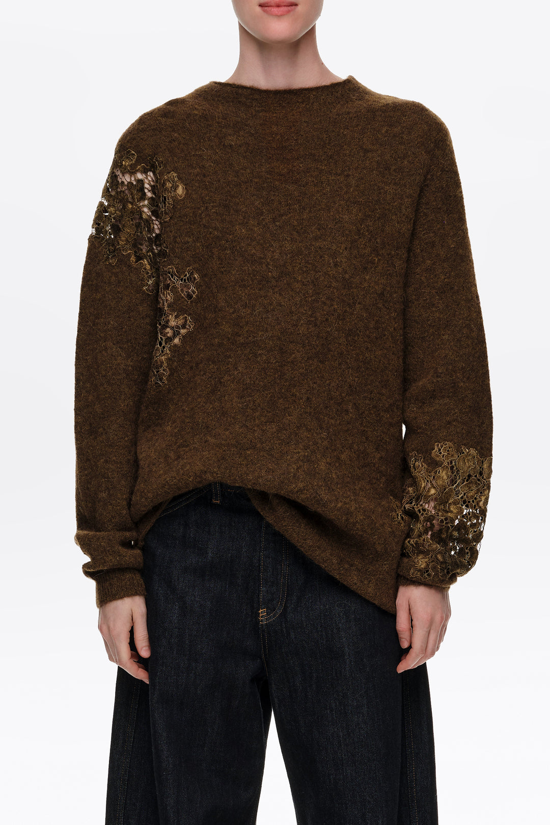 Olive alpaca high neck sweater with lace detailing