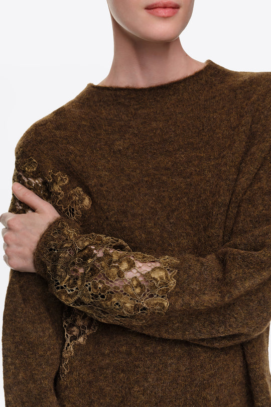 Olive alpaca high neck sweater with lace detailing