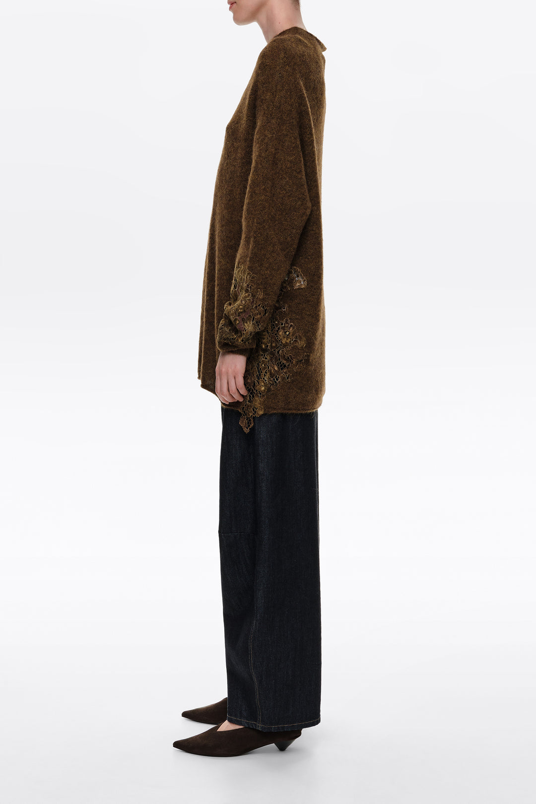 Olive alpaca high neck sweater with lace detailing