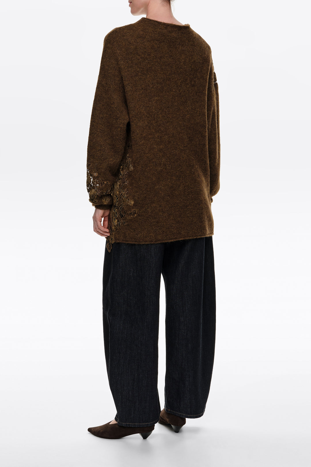 Olive alpaca high neck sweater with lace detailing