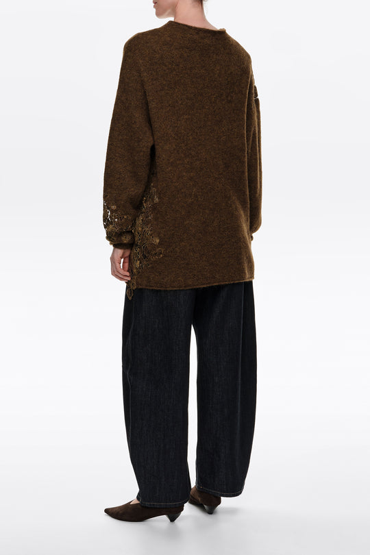 Olive alpaca high neck sweater with lace detailing