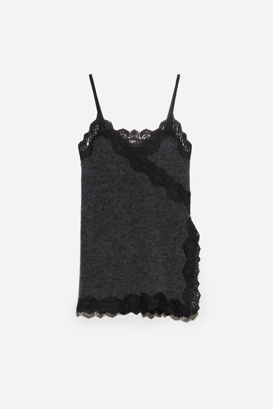 Dark gray melange mohair and lace top