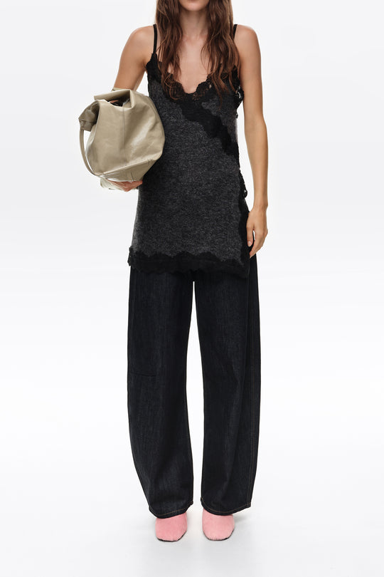 Dark gray melange mohair and lace top