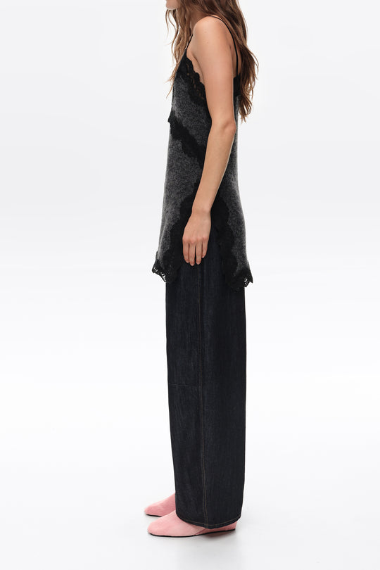 Dark gray melange mohair and lace top