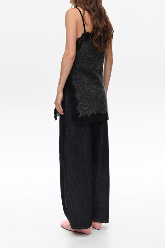 Dark gray melange mohair and lace top