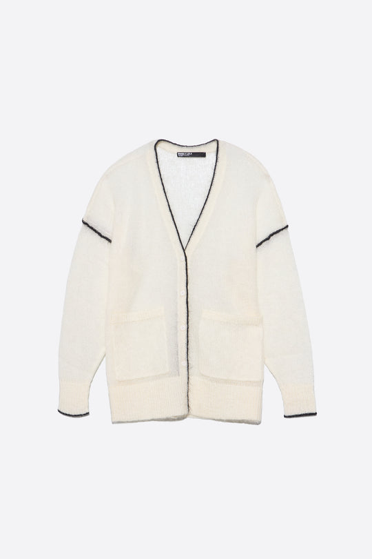 Long ivory mohair cardigan with contrast details