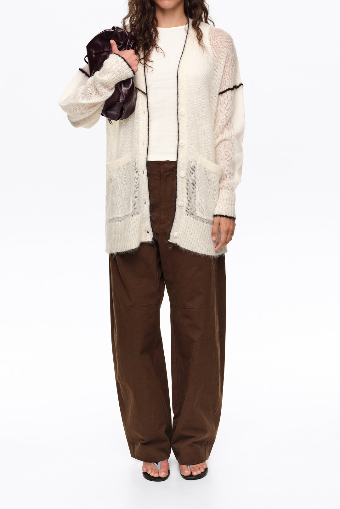Long ivory mohair cardigan with contrast details