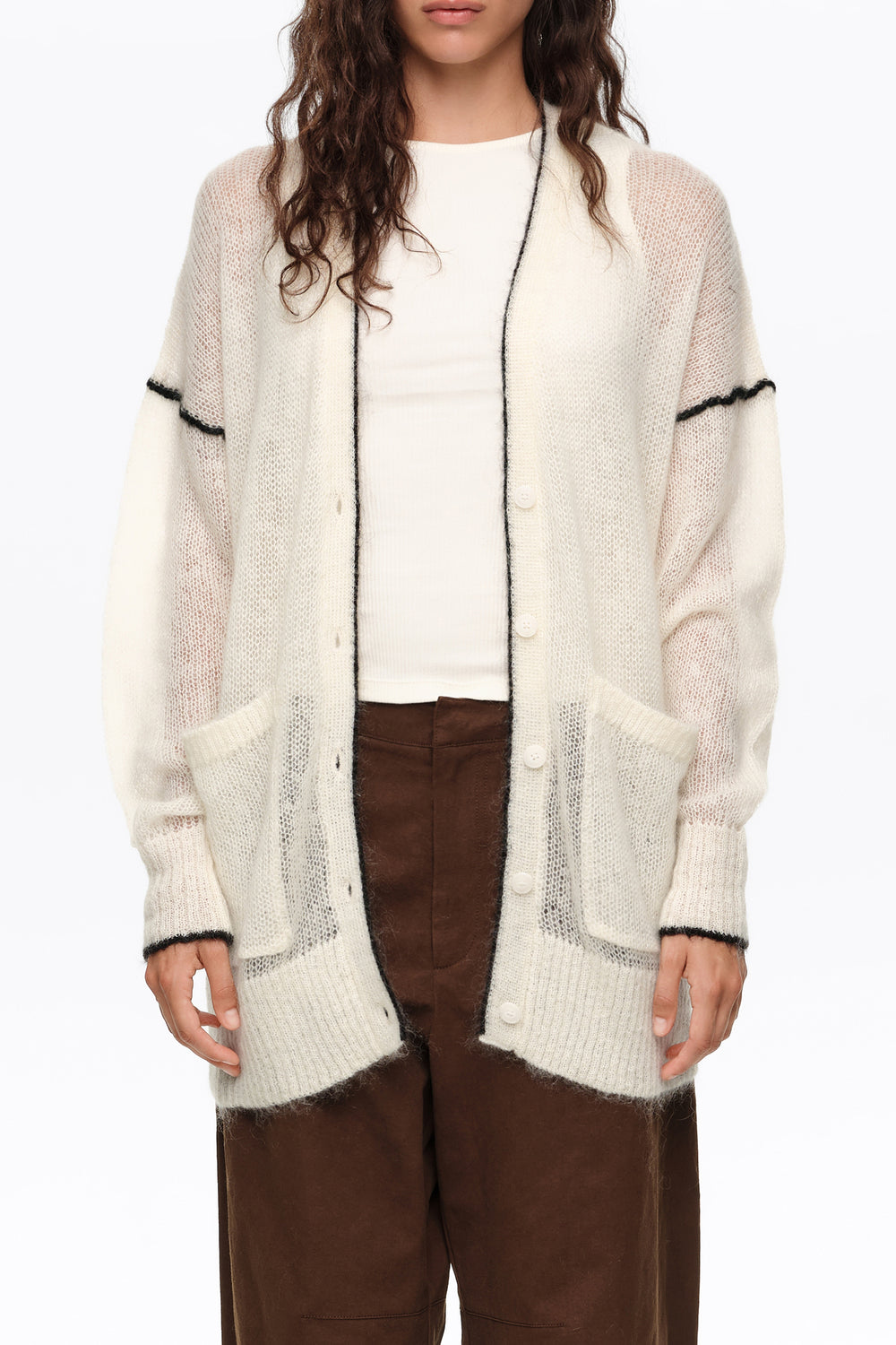 Long ivory mohair cardigan with contrast details