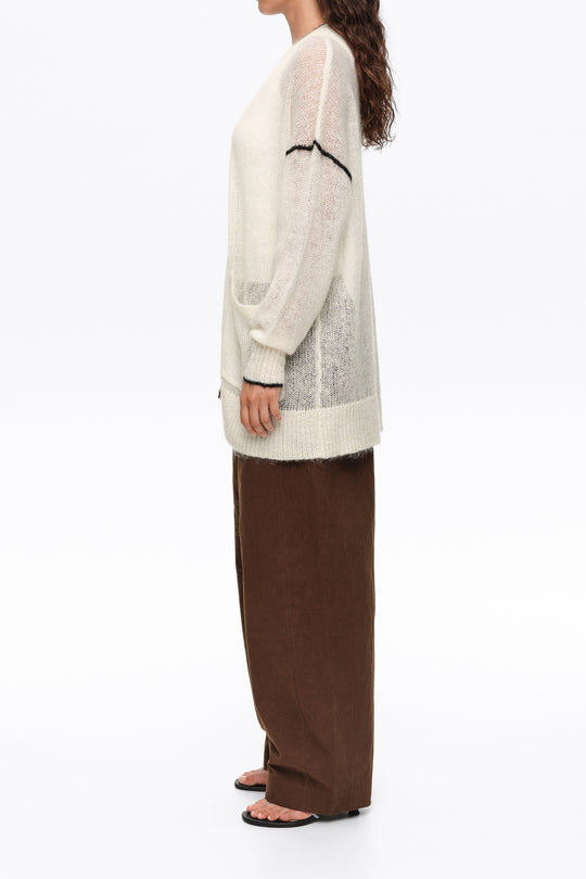 Long ivory mohair cardigan with contrast details