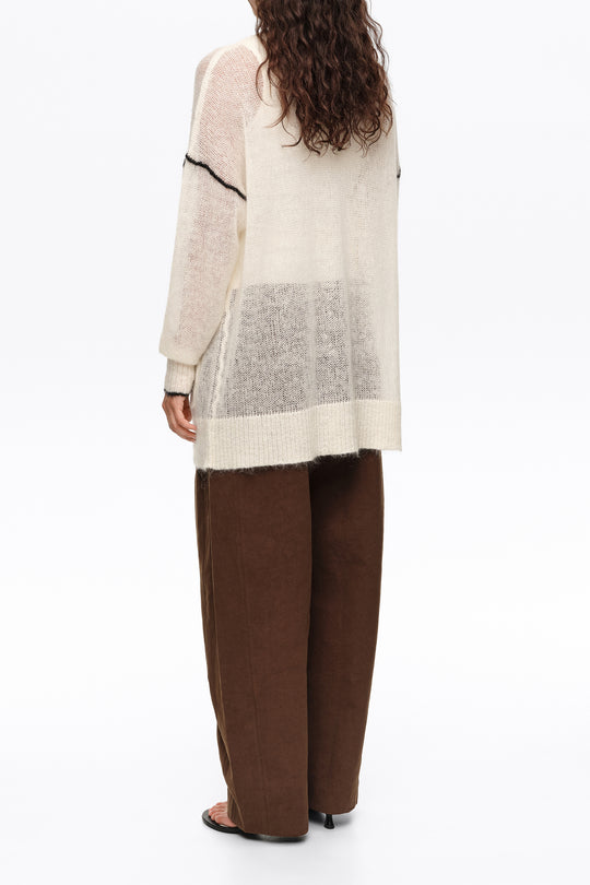 Long ivory mohair cardigan with contrast details