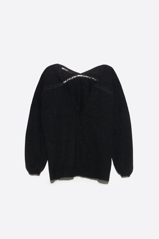 Black mohair wool and lace cardigan