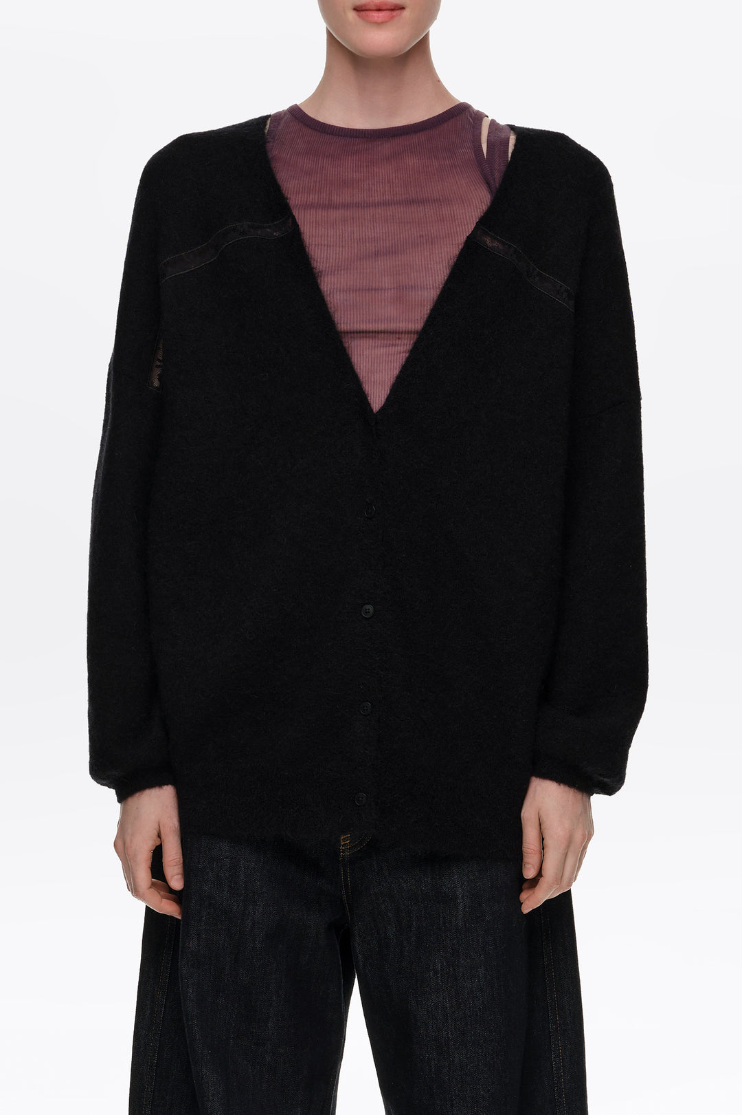 Black mohair wool and lace cardigan