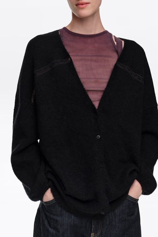 Black mohair wool and lace cardigan
