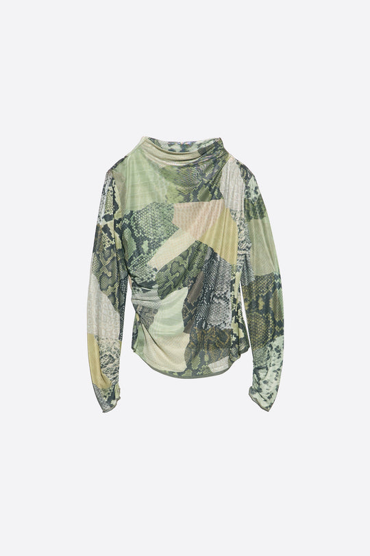 Green Snake patchwork ruched tulle T-shirt