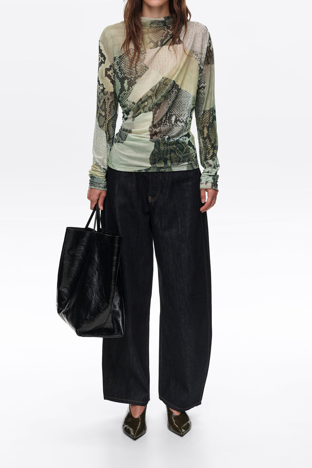 Green Snake patchwork ruched tulle T-shirt