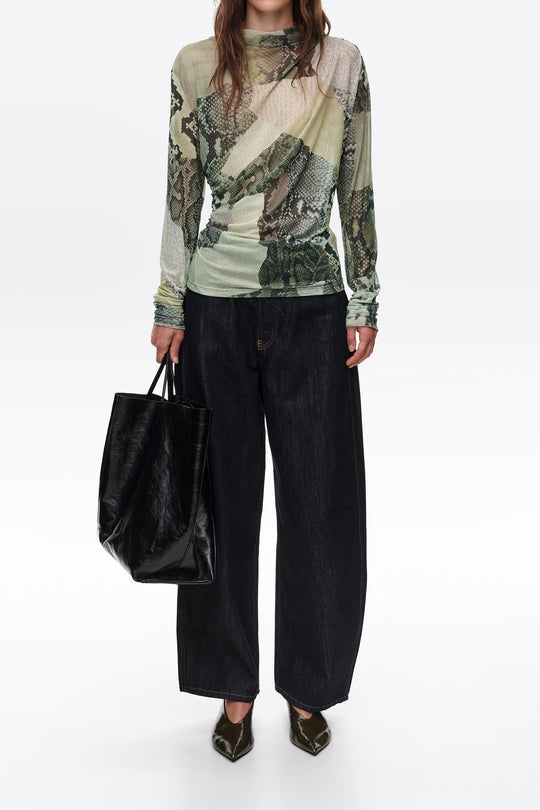 Green Snake patchwork ruched tulle T-shirt
