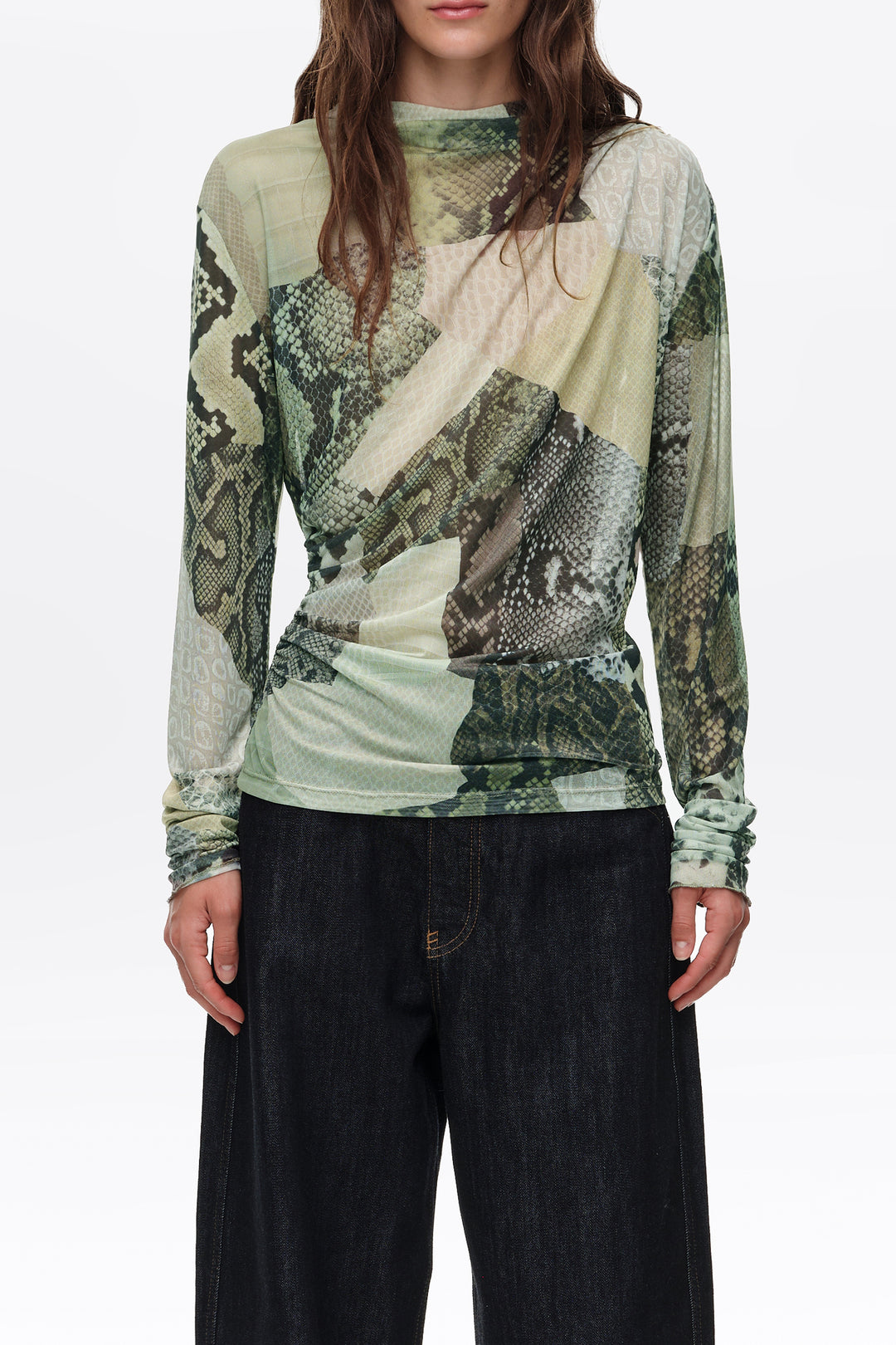 Green Snake patchwork ruched tulle T-shirt