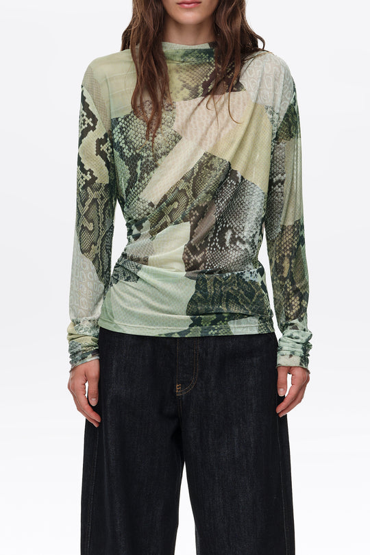 Green Snake patchwork ruched tulle T-shirt