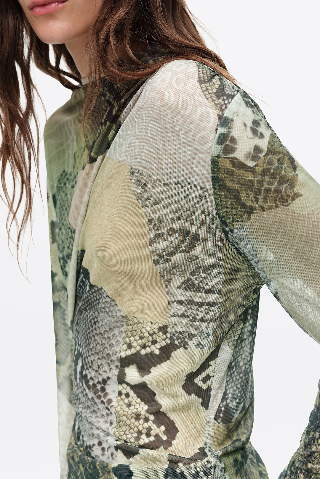 Green Snake patchwork ruched tulle T-shirt