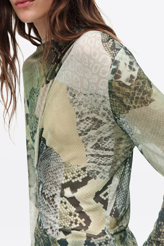 Green Snake patchwork ruched tulle T-shirt