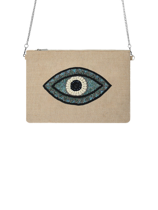 Turquoise Eye Beige Beaded Bag