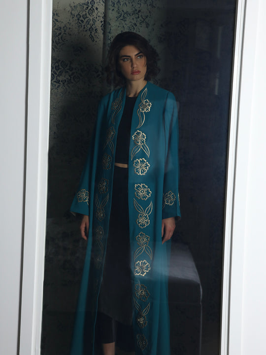 Gold Flowers Teal Abaya - 29347 - MYHOLDAL LEBANON