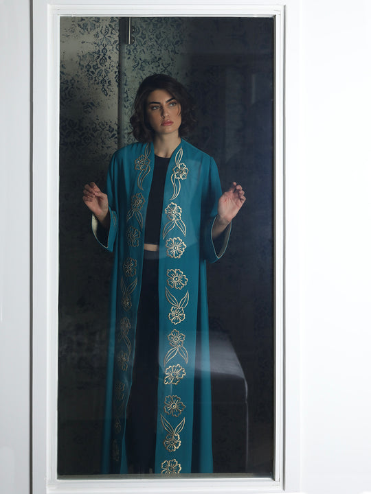Gold Flowers Teal Abaya - 29347 - MYHOLDAL LEBANON