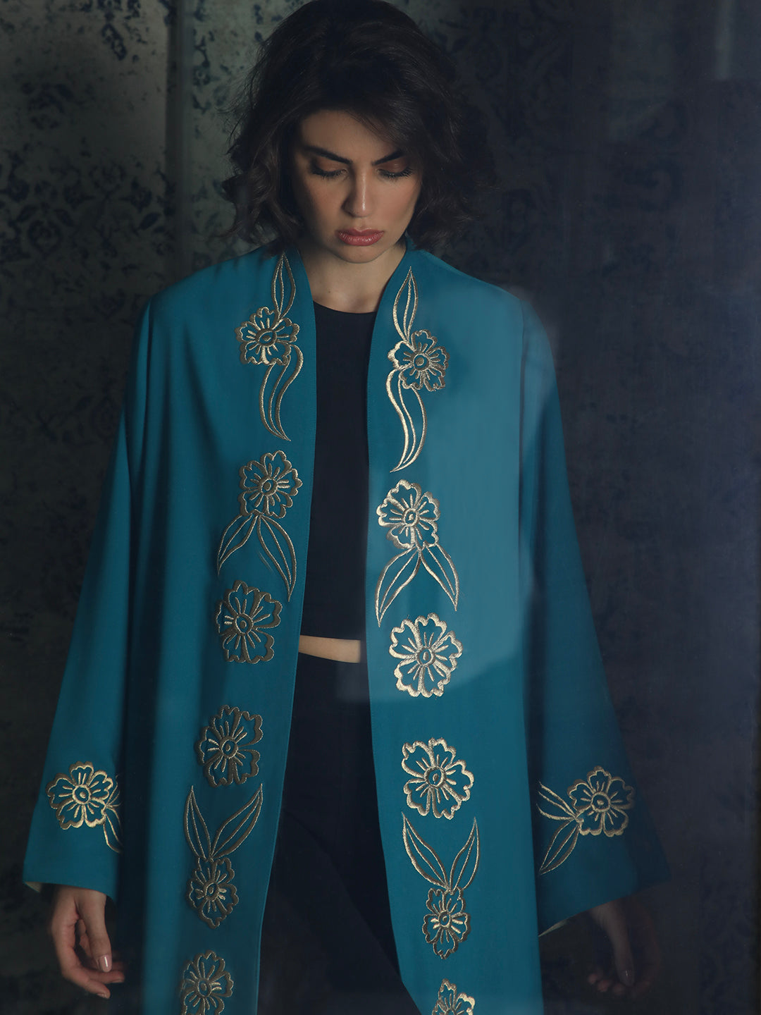 Gold Flowers Teal Abaya - 29347 - MYHOLDAL LEBANON