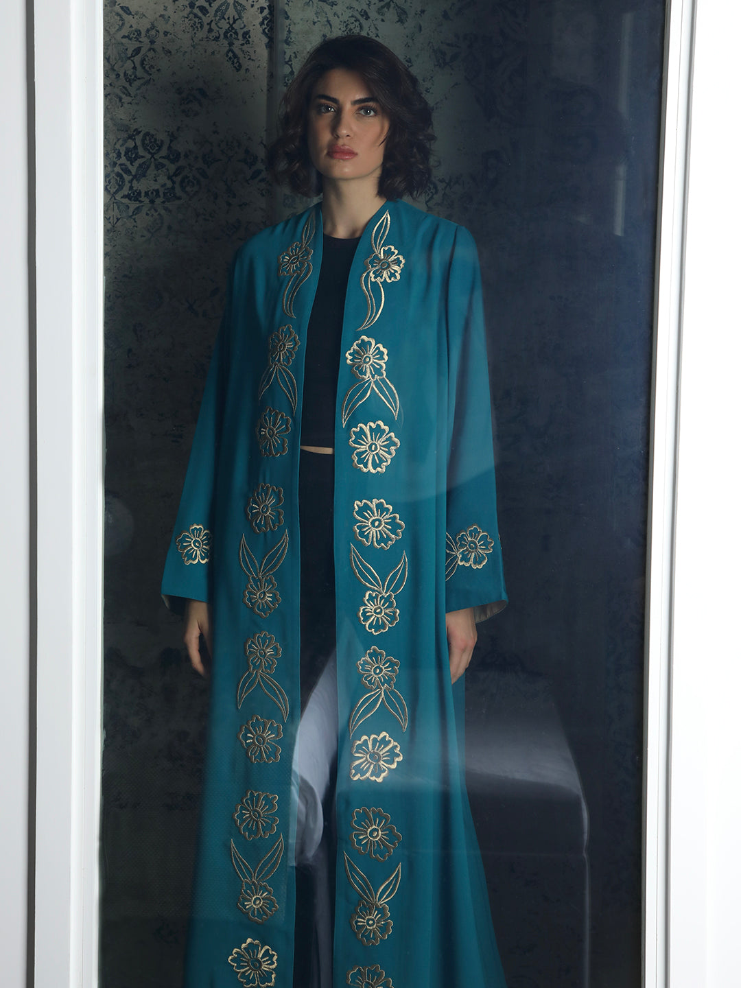 Gold Flowers Teal Abaya - 29347 - MYHOLDAL LEBANON