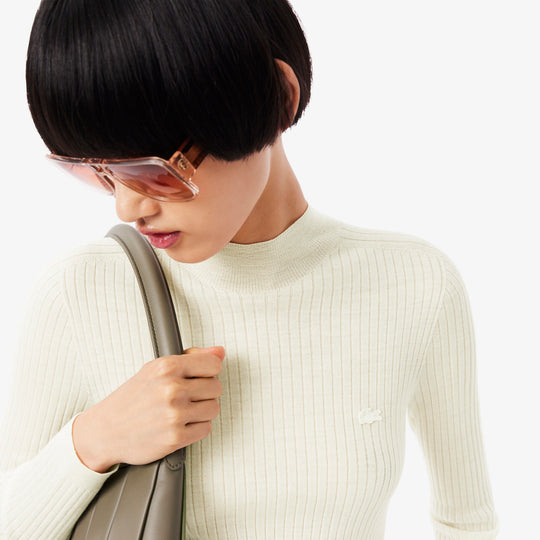 High Neck Ribbed Knit Merino Wool Sweater - AF4189