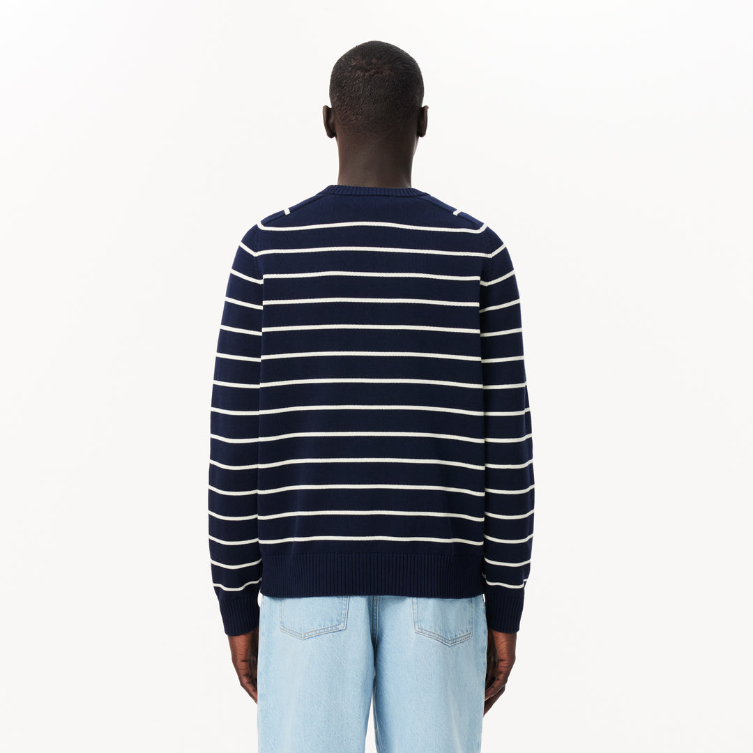 Striped 3D Knit Cotton Crew Neck Sweater - AH7607