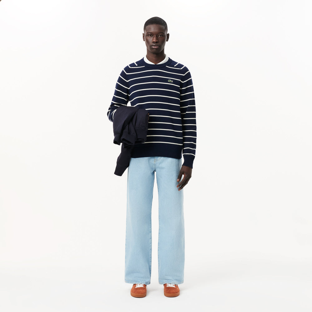 Striped 3D Knit Cotton Crew Neck Sweater - AH7607