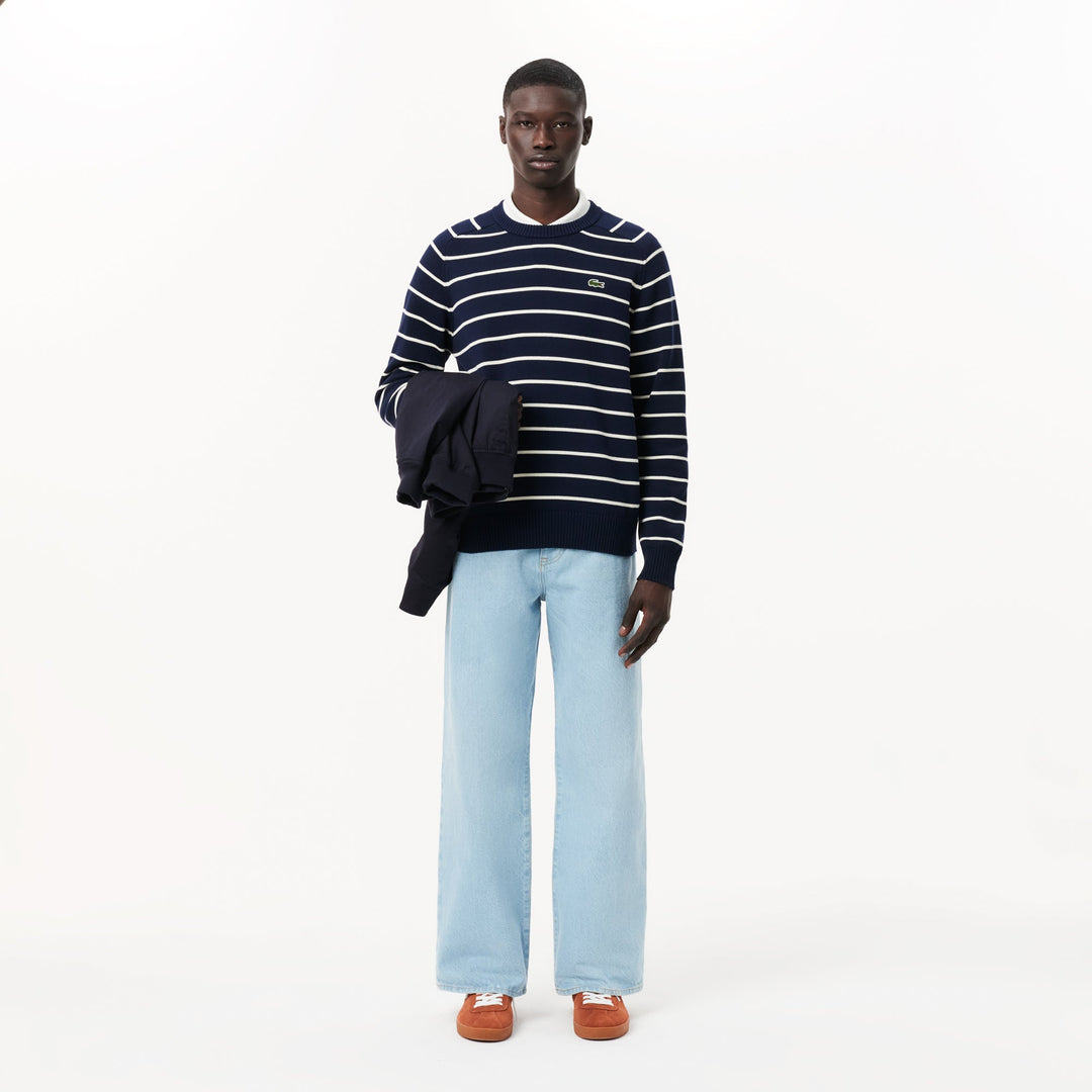 Striped 3D Knit Cotton Crew Neck Sweater - AH7607