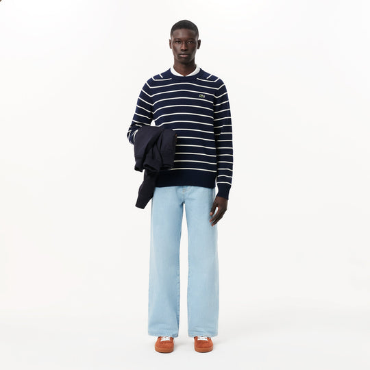 Striped 3D Knit Cotton Crew Neck Sweater - AH7607