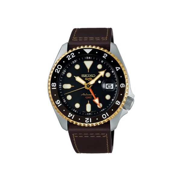SEIKO 5 SKX GMT BLACK DIAL BROWN STRAP 42.5MM - SSK036K1