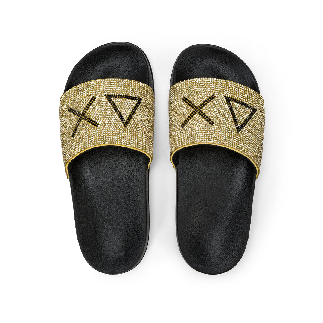 Black/gold rhinestone slides