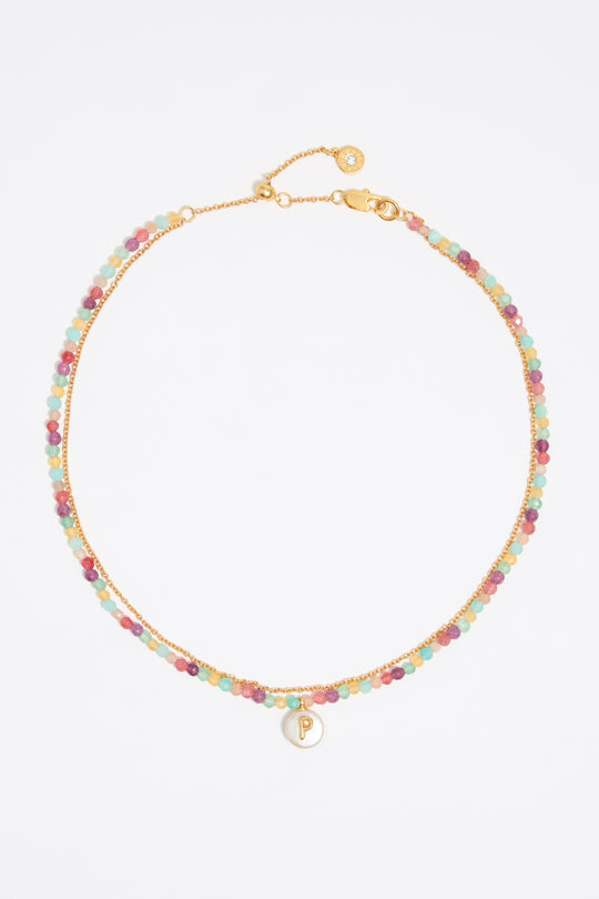 Letter P pearl and multicolor stones necklace