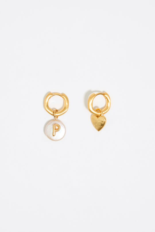 Letter P pearl and heart hoop earrings