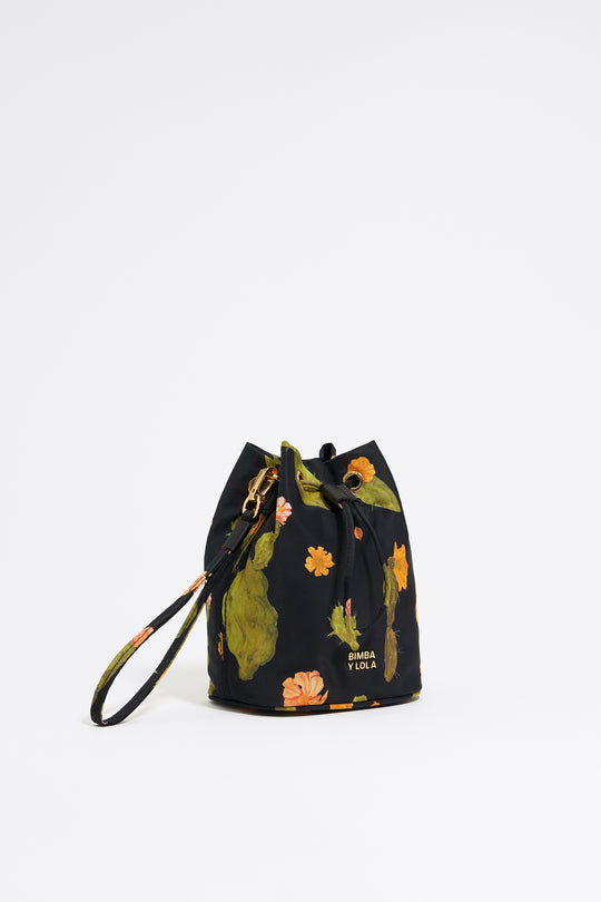 Black Cactus print nylon mini bucket make-up case