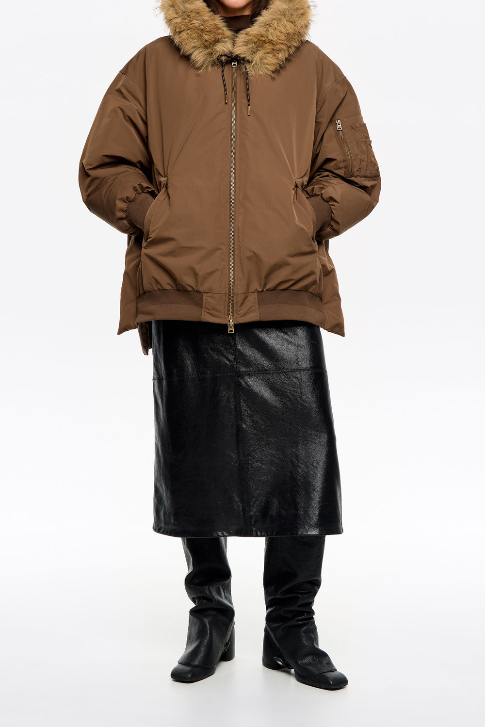 Olive hooded down bomber jacket