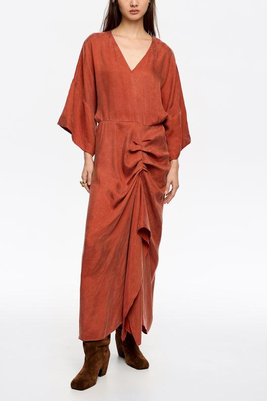 Burnt orange fluid ruffle dress