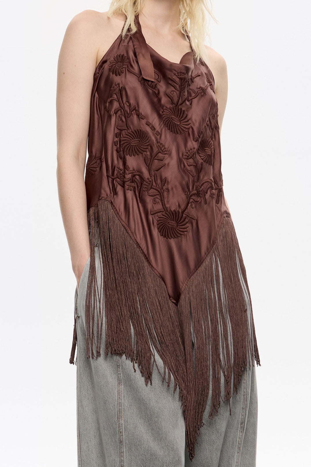 Brown embroidered fringed halter top