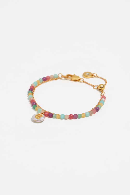 Letter E pearl and multicolor stones bracelet