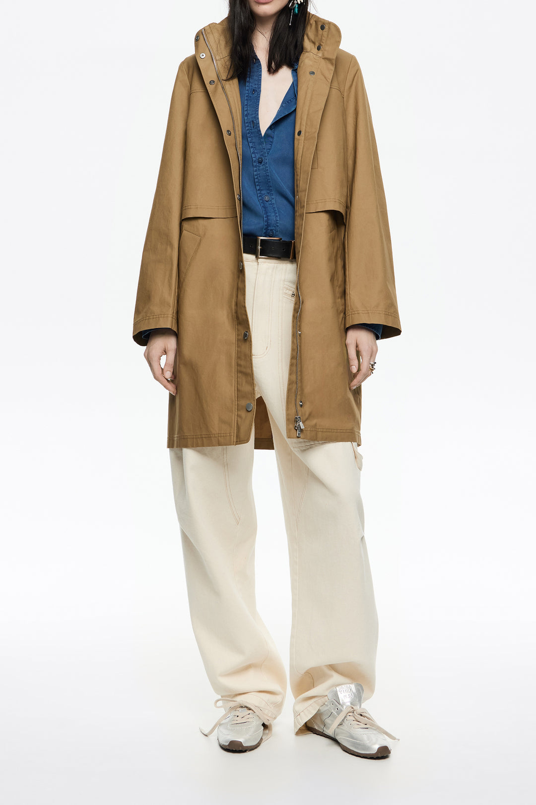 Khaki technical cotton straight trench